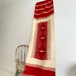 RED pattern 19th century Handwoven homespun Red +cream Antique curtain weaving handloomed hand-woven textile ~ Upcycled repurposed Folk art