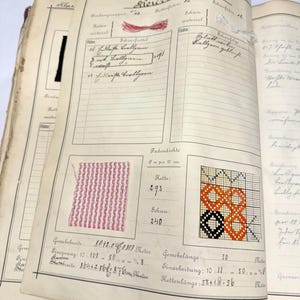 May include: A page from a vintage fabric sample book with a pink and white striped fabric swatch, a black, orange, and white woven fabric swatch, and handwritten text in German. The text includes the date "34. Juni 1921", the word "Fadendichte", and the numbers "293" and "240".