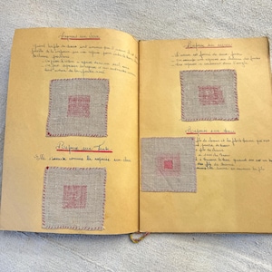 French school  girl&#39;s 1940&#39;s book repairs mends mending book sampler samples handmade unique document linen eco-friendly
