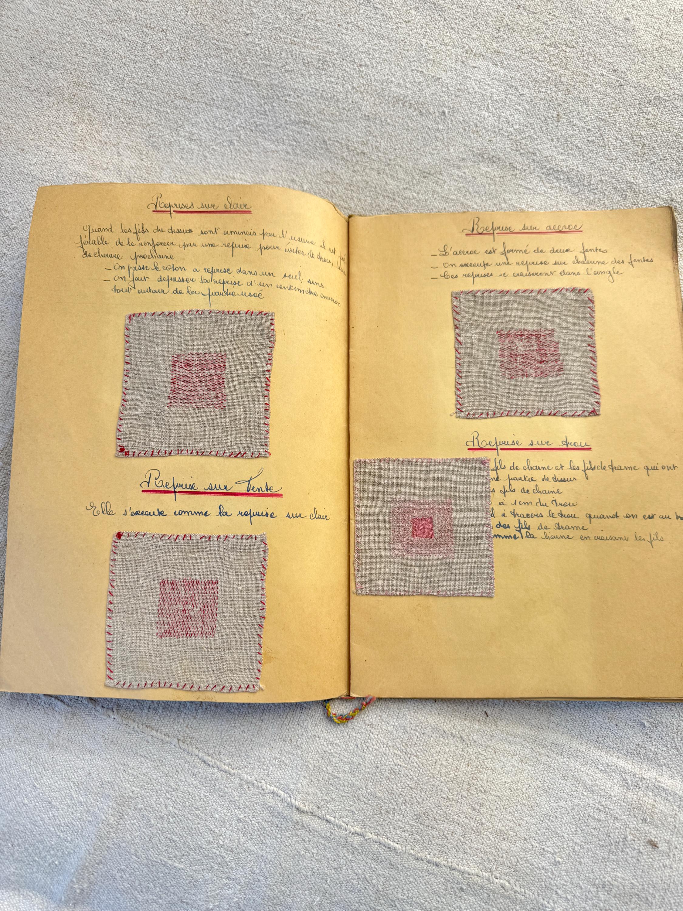 French school  girl's 1940's book repairs mends mending book sampler samples handmade unique document linen eco-friendly