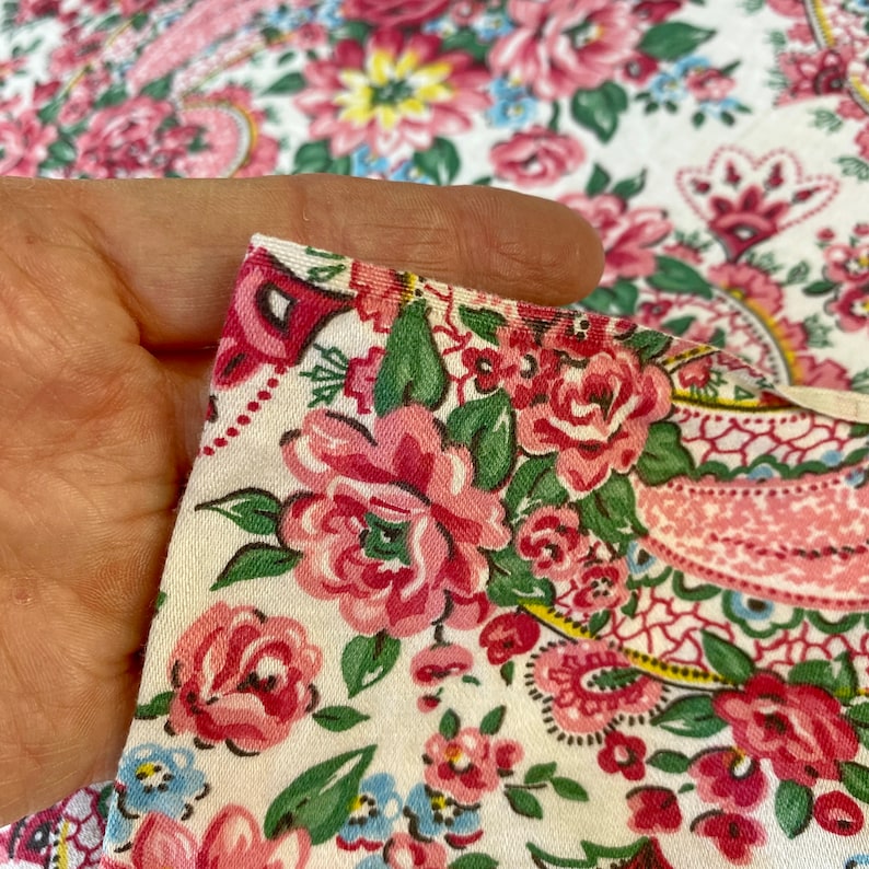 May include: Close-up of a floral fabric with a white background. The fabric features a pattern of pink roses, green leaves, and small blue flowers. A hand holds a corner of the fabric, showcasing the detailed print and texture.