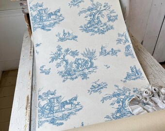 5.3yds (10.6yds avail) AGED Vintage French Toile de Jouy Wallpaper Roll Blue White Scenic Pastoral Pattern Wall Coverings Ecofriendly
