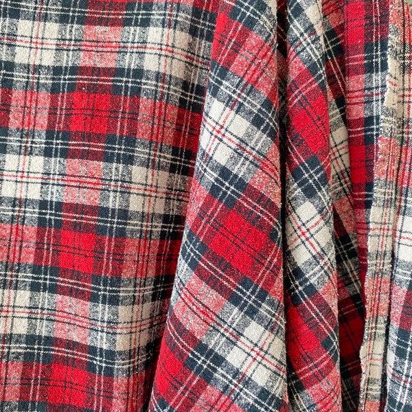 1930's Plaid raw silk 3.8 yards Antique Raw hand woven red + black design heavy weight pillows clothing etc