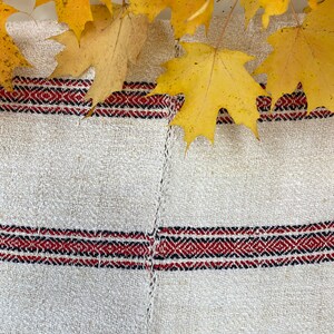 May include: A close-up of a white fabric with red and black stripes. The fabric is covered in yellow autumn leaves.