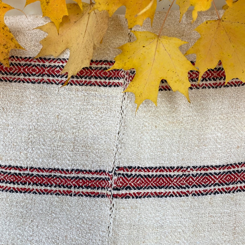 May include: A close-up of a white fabric with red and black stripes. The fabric is covered in yellow autumn leaves.