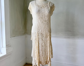 Antique lingerie Lace Dress 1920s Ecru Lingerie Gown Handmade Drop Waist Wedding US Size 12 14 white off-white lacy sheer elegant boho