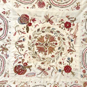 108x108 1818 Needlework Embroidered Antique Bedcover coverlet bed spread RARE The Textile Trunk King size primitive naïve king size