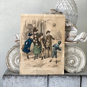 Historical REFERENCE 1886 French Fashion antique French Illustration toned drawing costume framing wall art  collectable paper Textile Trunk