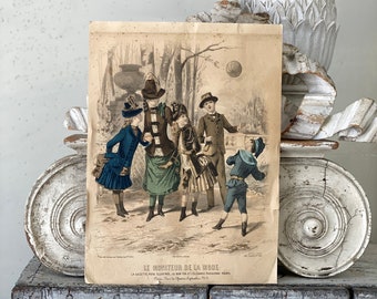 Referência histórica 1886 Moda Francesa antiga Ilustração Francesa desenho tonalizado traje moldura arte de parede colecionável papel têxtil Baú
