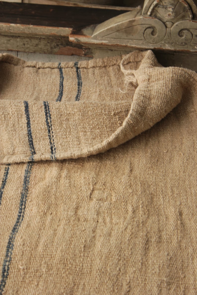 Grain Sack Linen Blue Indigo stripes Fabric Feedsack Rustic Grainsack Vintage bag hemp striped textile European washed Fabric