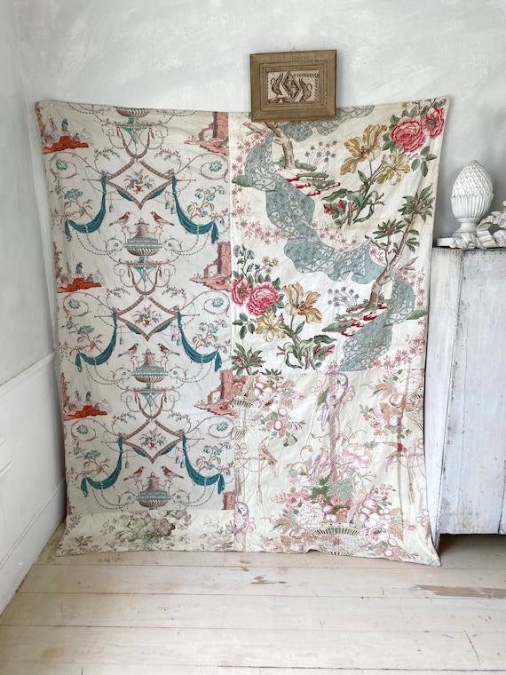 Gorgeous English coverlet 1900s Japonisme design collection textile medium weight cotton fabric variety beautiful birds butterflies floral