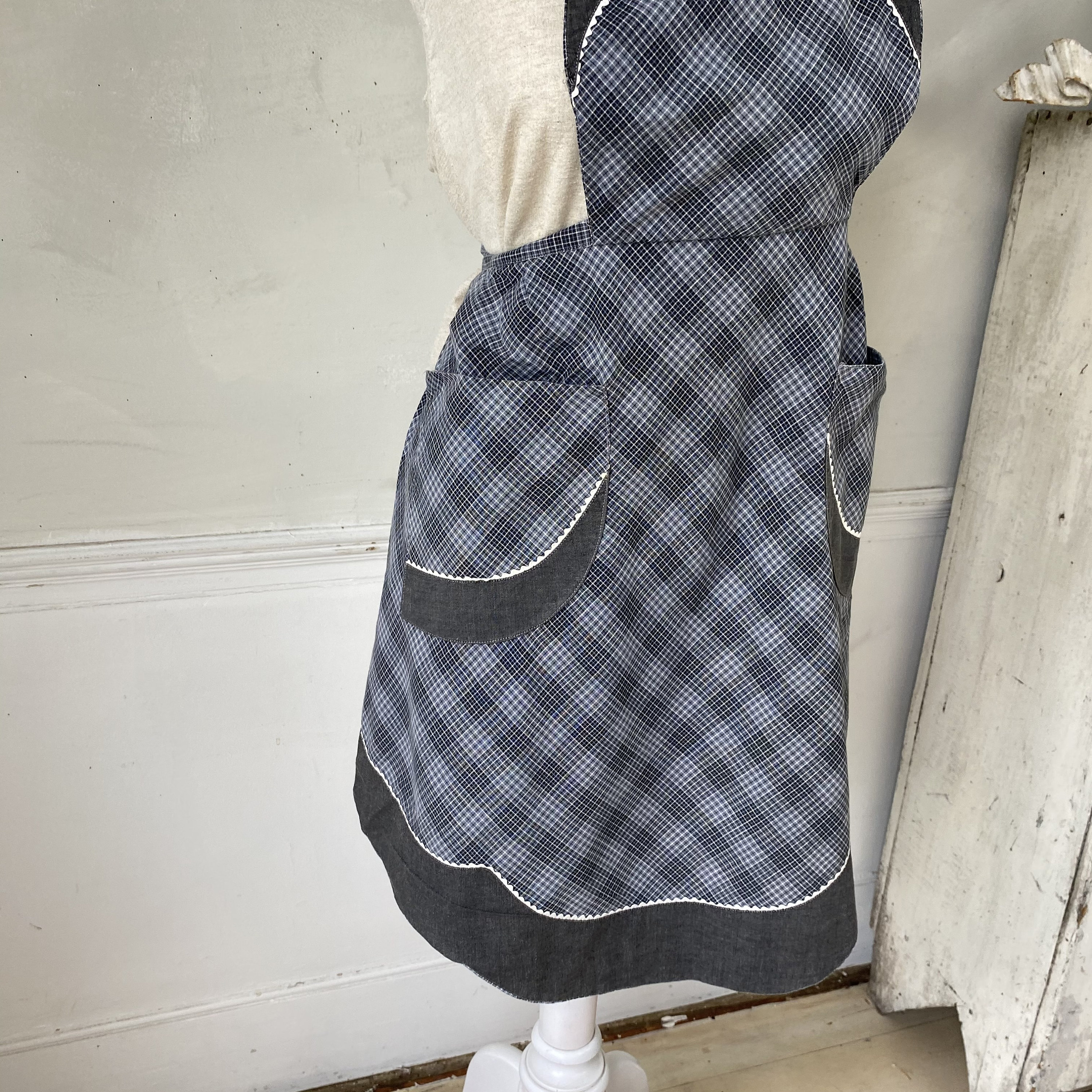 小物 30s-40s French Vintage Heavy Hemp Apron Vintage 1930s Apron French Faded Blue Cotton Denim Workwear