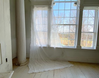White Antique muslin curtain tambour lace applique ? 1800's drapeUnique window treatment