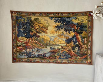 Tapiz francés vintage de 1,13 m x 0,71 m, arte de pared hecho a mano, paisaje verde, escena de bosque y río, textil tejido, decoración de castillo, estilo rústico shabby chic.