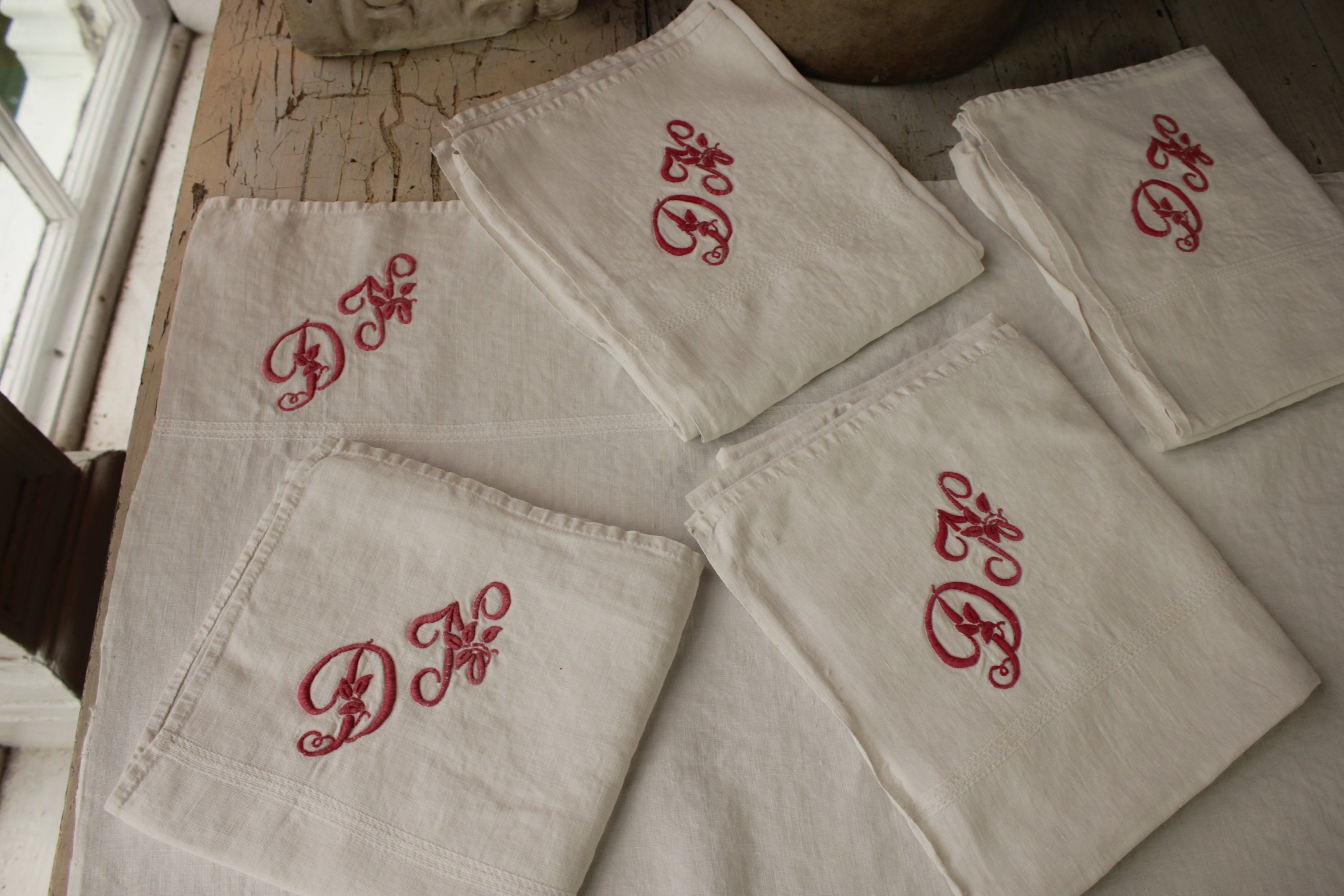 Antique French Set of 5 Floppy Linen Napkins Aged White With