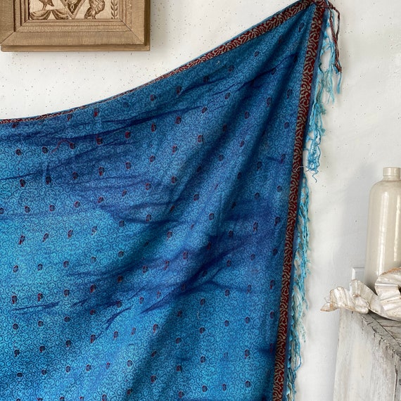 Antique French silk shawl Blue AMAZING printed fa… - image 5