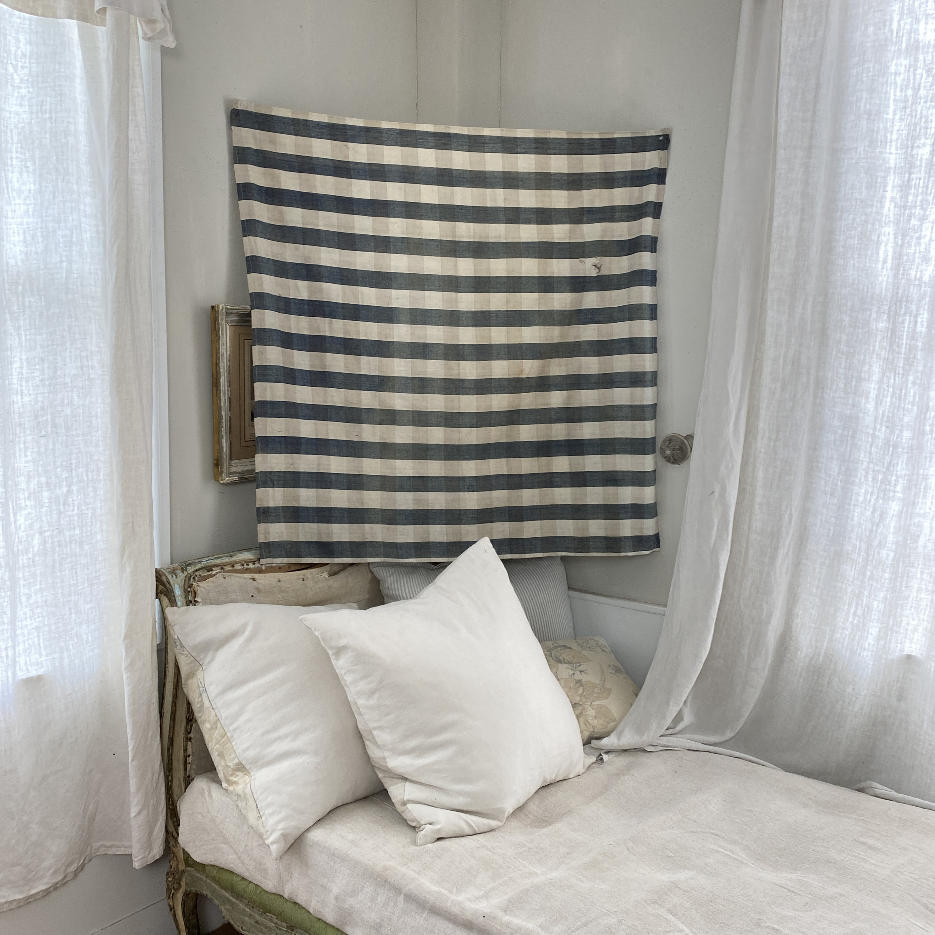 44x44 1700's 18th Century Check Fabric Large Antique Blue