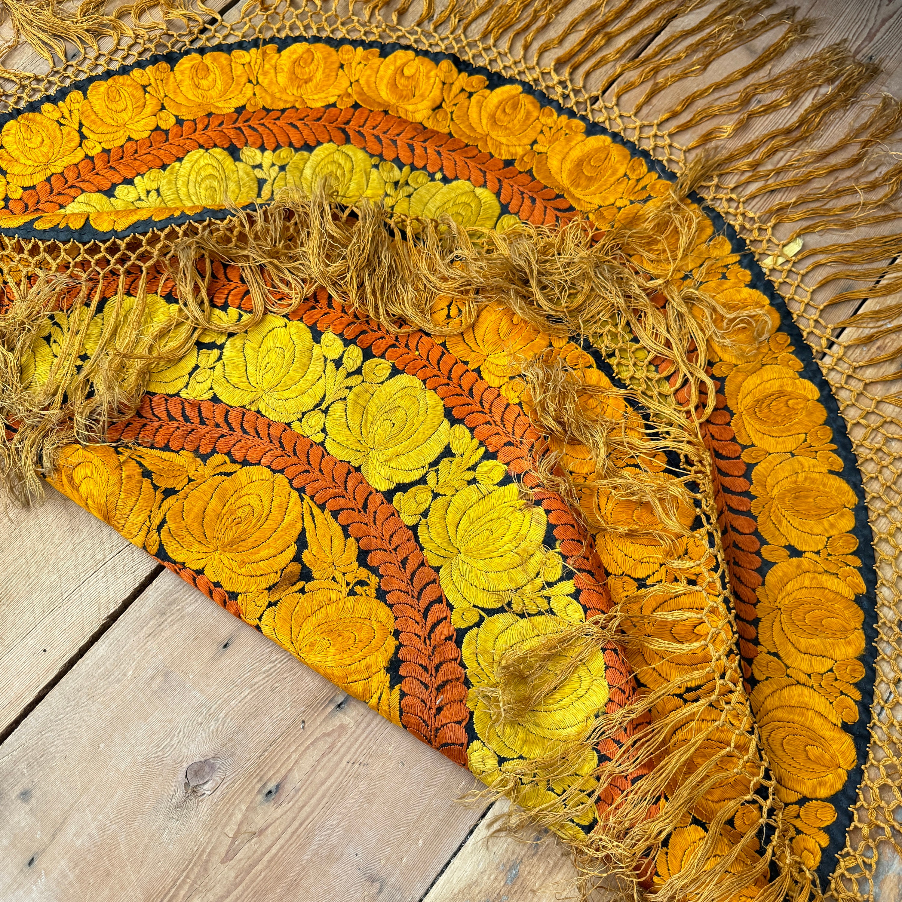 Antique Hungarian Embroidered Tablecloth Round Autumnal Tones