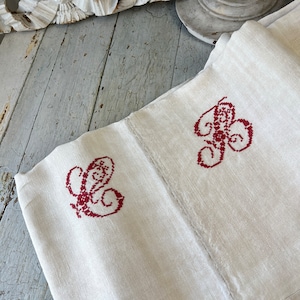 Antique French linen sheet tablecloth CB  monogram on heavy canvas fabric eco-friendly