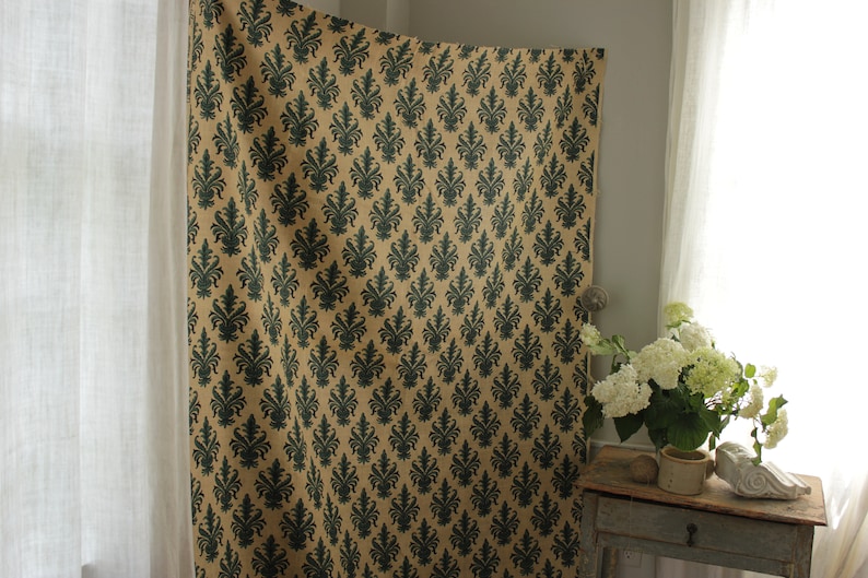 Vintage Jute or Hessian printed French burlap Floral fabric 1960/'s-70/'s chatillon fleur de lis