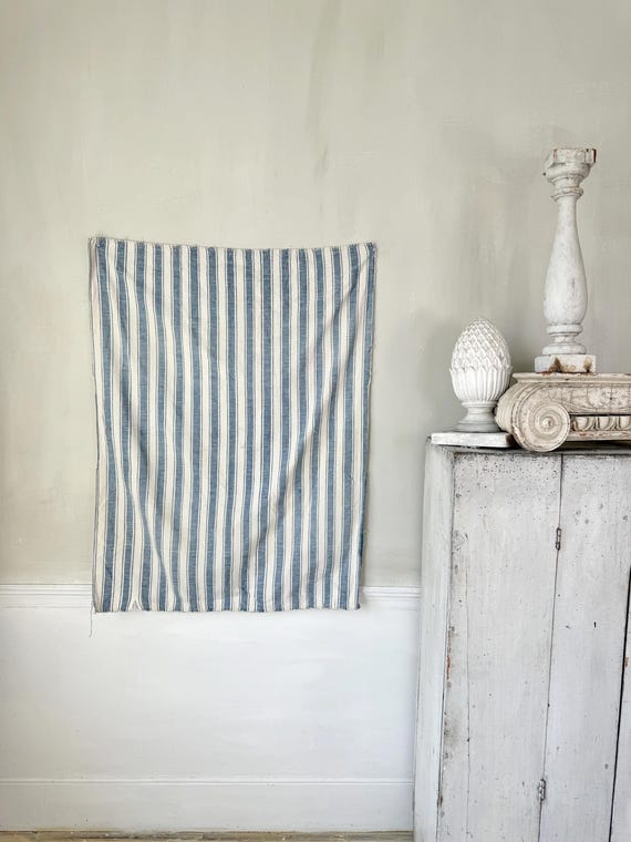 41x32 Antique French Ticking Blue Striped Fabric Stripes White