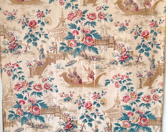 76x32 c1850 Tela francesa Chintz Chinoiserie Pagoda Barco Wabi Sabi Decoración de cabaña Hogar rústico Shabby Chateau Chic Arte de pared de tela antigua