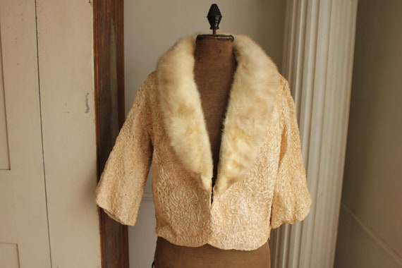 Ribbon Jacket with Mink Snap-on Collar Vintage Fr… - image 1