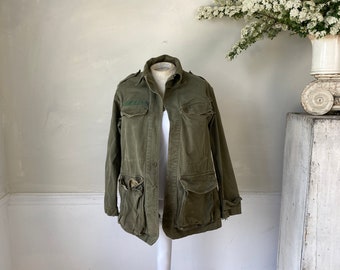 Vintage French Workwear Military Green Jacket Early Mid 1900s French Workwear Jacket Faded Antique Canvas Coat