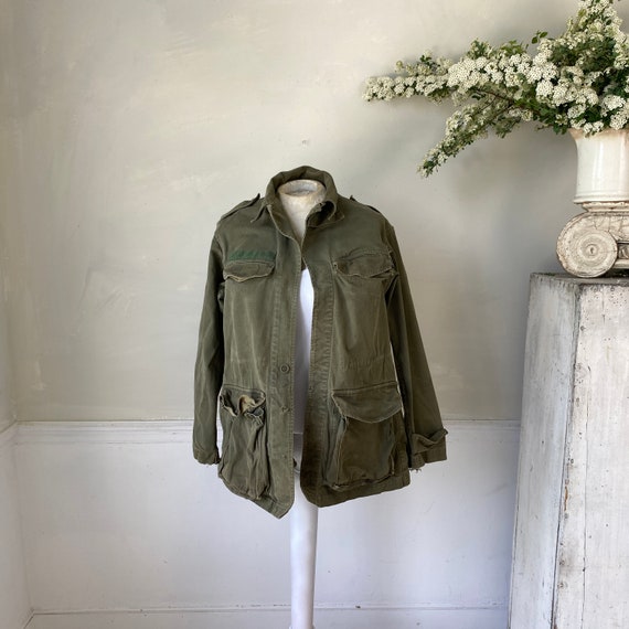 Vintage French Workwear Military Green Jacket Ear… - image 1