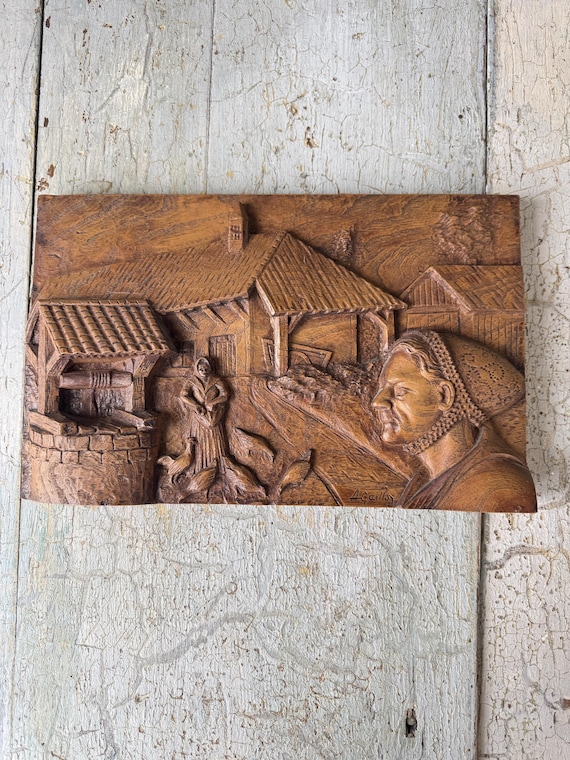 フランス アンティーク Wooden Panel パネル 彫刻 絵画 オブジェ Vintage French Carved Wood Wall Panel Village Scene Signed A
