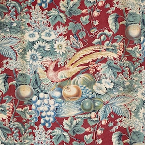 Antique French Alsace Chintz fabric c1900 bird floral Wall fruit hangingUnique window treatment Coastal home  eco-friendly