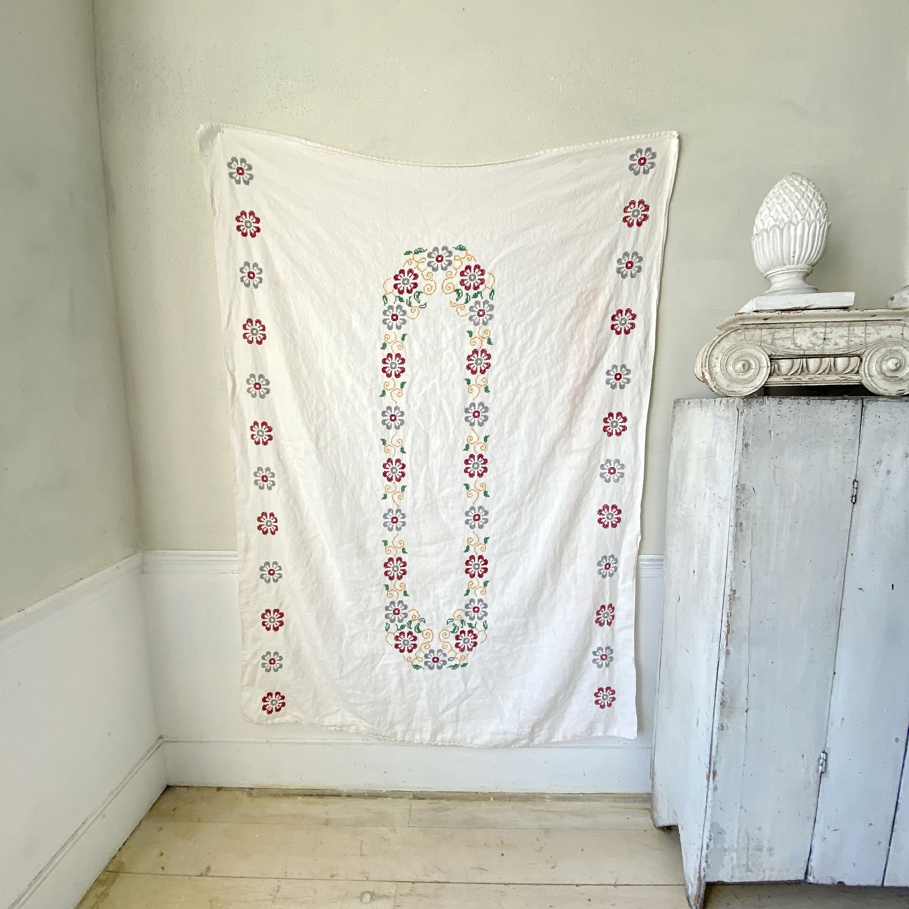 【IENA】FrenchLinen JK 69 X 52 PURE LINEN French Embroidered Cross Stitch White