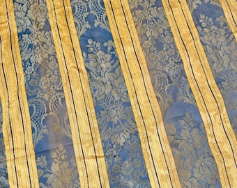 116X 49 French 1870 Silk Cotton Damask Fabric Blue Gold  Floral Antique Textile Heavenly Wall Art Shabby timeworn curtain striped stripes