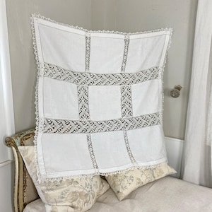 Antique handmade French White Lace tablecloth 44 X 44 square damask festive Christmas Thanksgiving eco-friendly