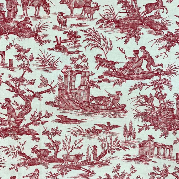 Rare Vintage French Toile Small Scale Print Fabric Red and White 