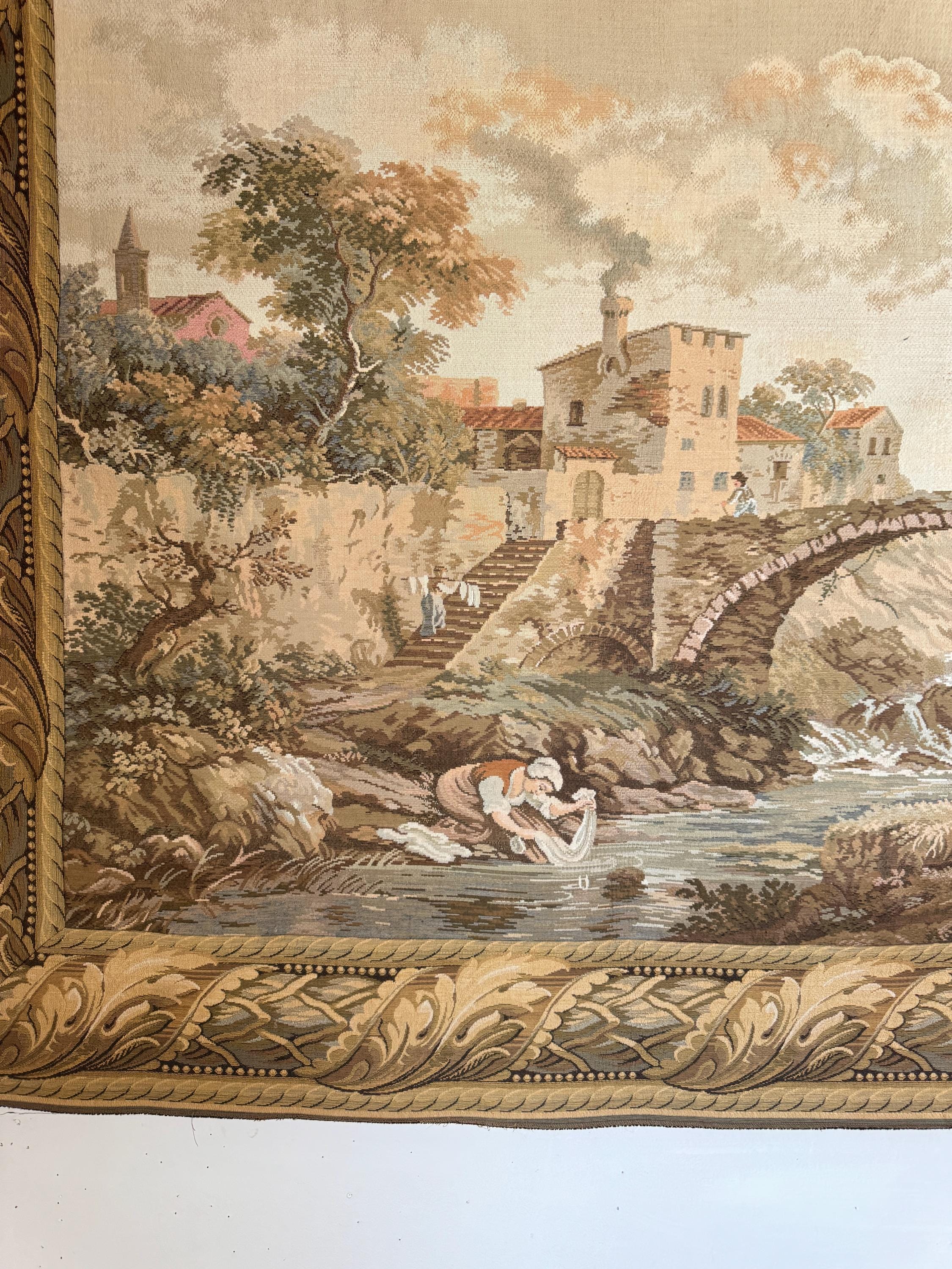 P.PASCAL アンティーク ウッドフレーム ART FRANCE 7.6ftx4.1ft French Tapestry 1800s Pastoral Landscape Bridge
