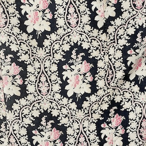 French Antique Fabric 1880 heavyweight twill weave 1880 black pink floral pattern The Textile Trunk eco-friendly