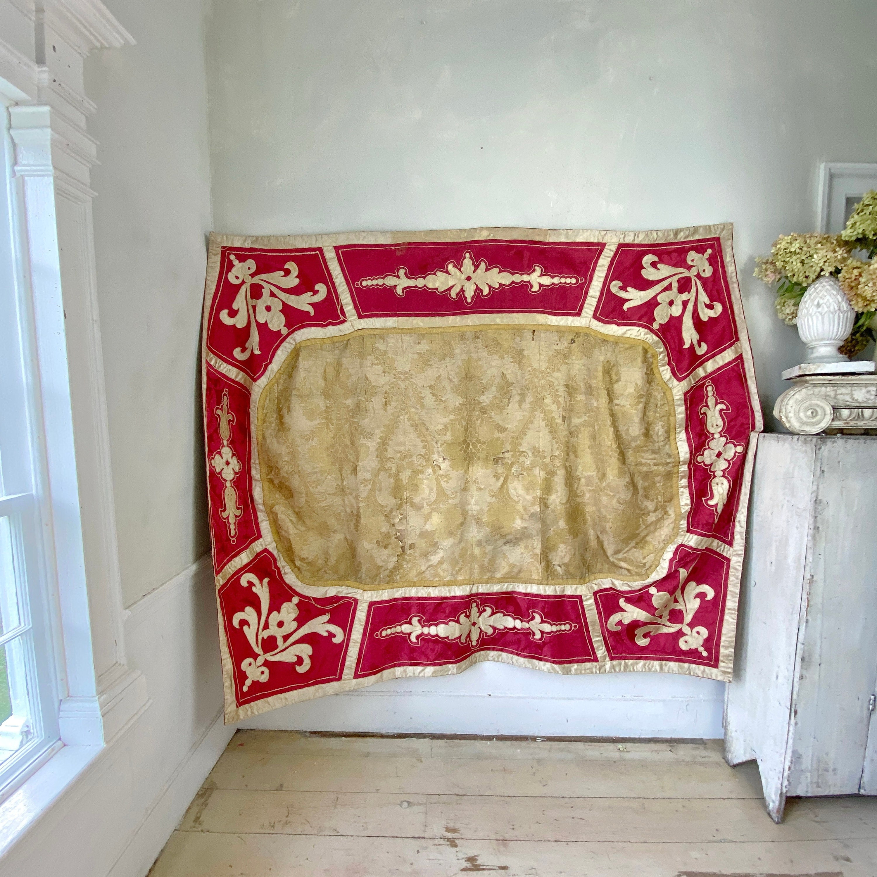 LARGE 18th century silk vestment liturgical textile French American The Textile Trunk Wendy Lewis  Cope cape eco-friendly