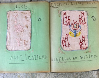 French school 14 year old's girl's sewing sampler book 1950 samples of sewing skills RARE historical document embroidery primitive