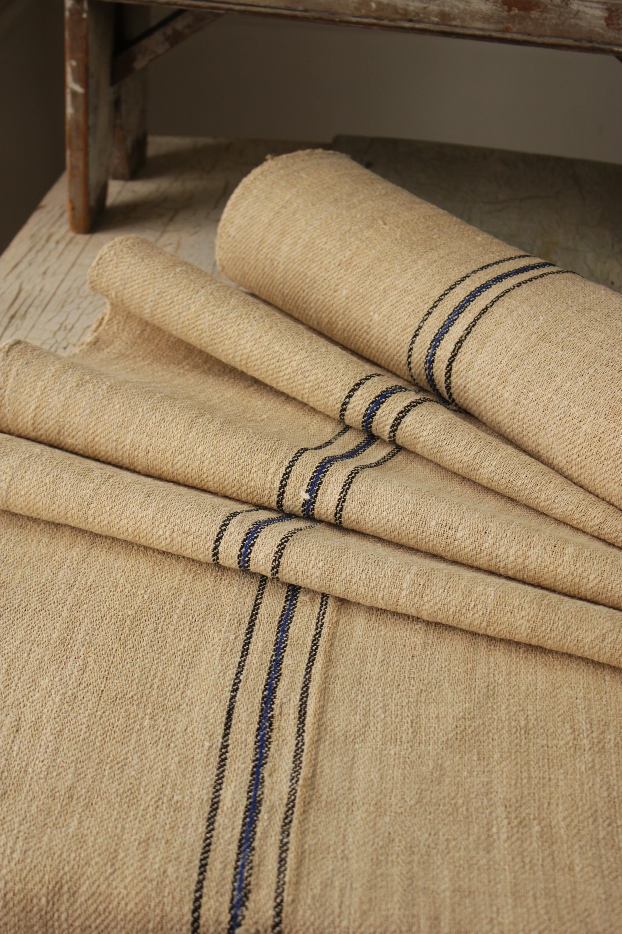 Grain Sack Fabric Linen by the Yard Black and Blue Striped Antique ...
