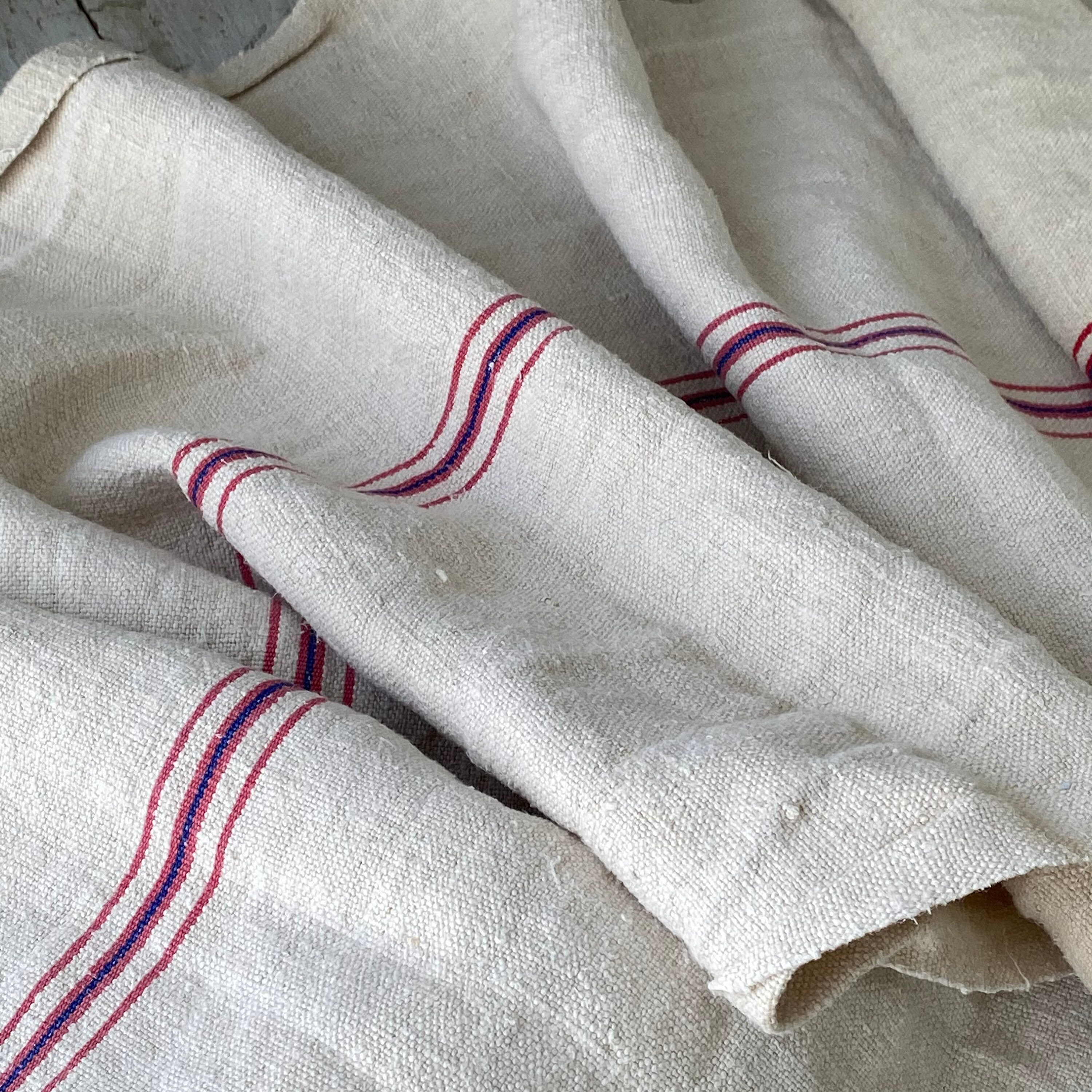 Tissu de sac à grains vintage très épais, mélange de lin et de coton crème bleu rayé, tissu d'ameublement volumineux par mètre 57 850 g/m² - France