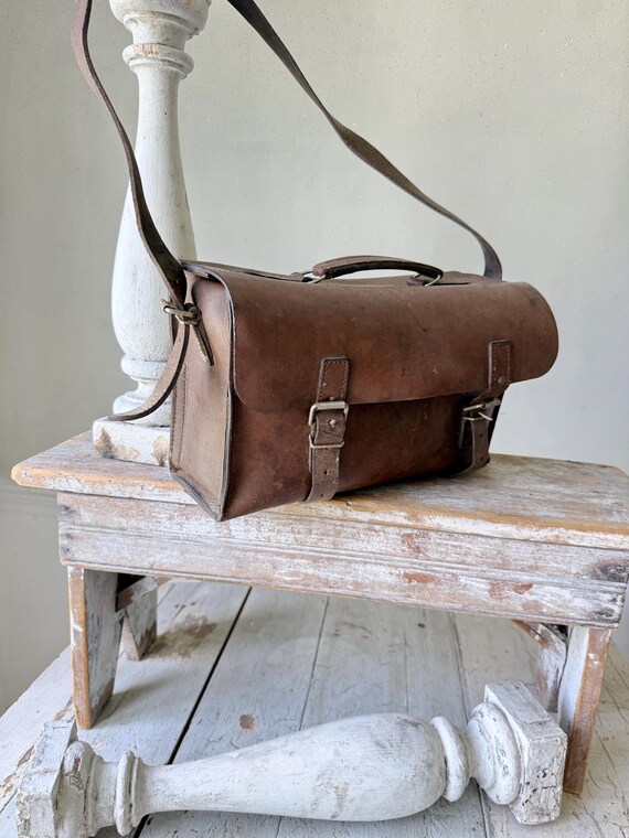 c1940 Vintage French Leather Satchel Messenger Bag Boho Shoulder Bag School Bag Postman Bag Brown Leather Wall Art View 4