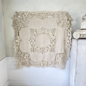 55 X 55 Square  French antique White lace tablecloth  shape c1920 old linens for Christmas thanksgiving EcruUnique window treatment
