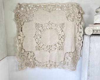 55 X 55 Square  French antique White lace tablecloth  shape c1920 old linens for Christmas thanksgiving EcruUnique window treatment