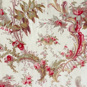 Antique French floral fabric c 1870 printed cotton Rococo roses GORGEOUS !!!! eco-friendly