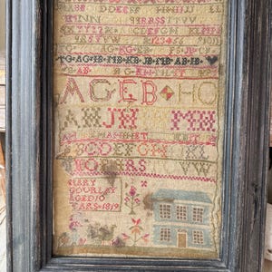 20x16 Framed 1819 French Sampler Embroidery Primitive prim House Alphabet Antique Needlework Folk Art Textile Wall Art rustic decor shabby