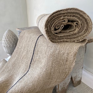 Cottagecore Organic Stair / Table Runner Hemp Grain Sack Fabric  BLUE stripe Striped Antique Vintage Cottage  Textile Trunk Coastal home