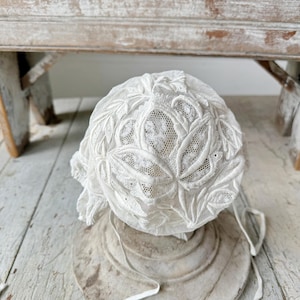 French antique bonnet Tulle white lace needlework embroidered embroidery Coiffe tambour 19th century wall art woman&#39;s bun fashion history