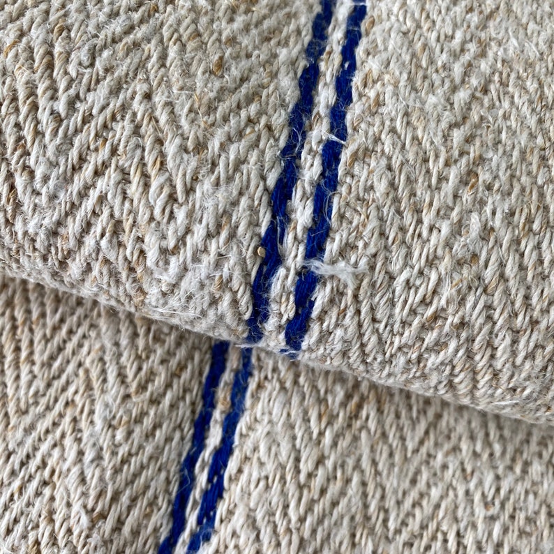 BLUE stripe greige ground Stair Runner Heavy Hemp Grain Sack Fabric by the yard Table runner image 6