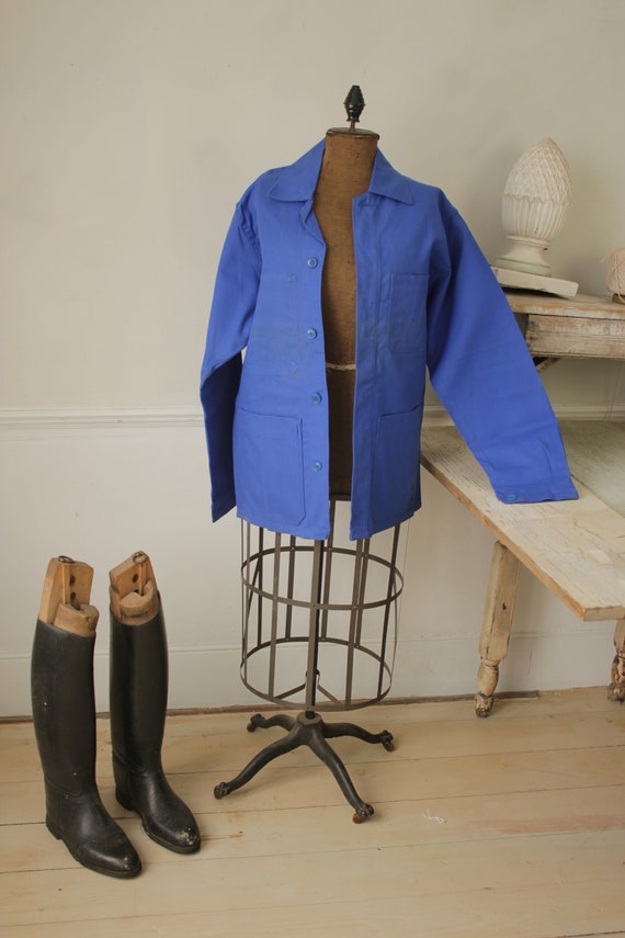 Jacket Vintage French Blue Coat Work Wear Button up Workwear